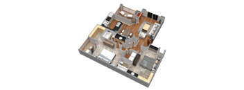 A 3D rendered image of a house layout.
