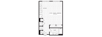 A floor plan of a small apartment with a kitchen, living room, dining room, bathroom, and closet.