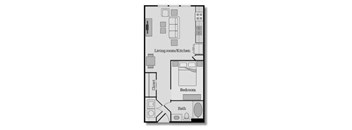 554 sq ft Stuido Floorplan with Open Concept Living Room and Kitchen Layout