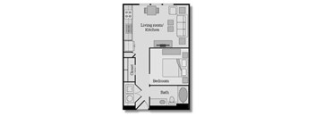 Studio apartment with one bedroom one bathroom and open floor plan