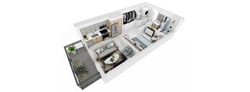 simulated floor plan of a house with a living room and a kitchen