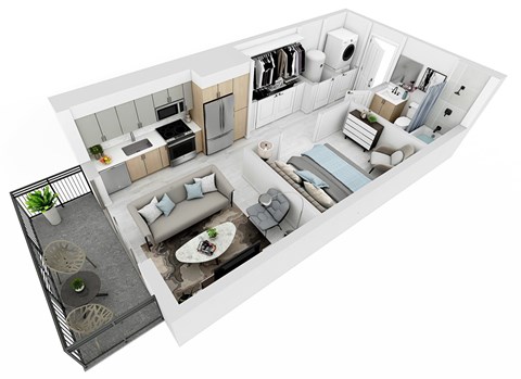 simulated floor plan of a house with a living room and a kitchen