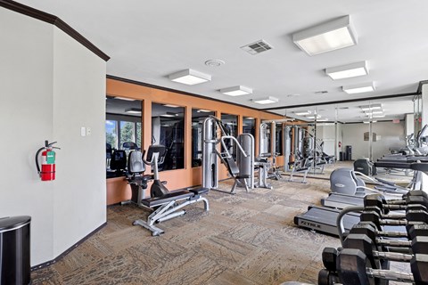 A gym with a variety of equipment including treadmills, weights, and exercise machines.