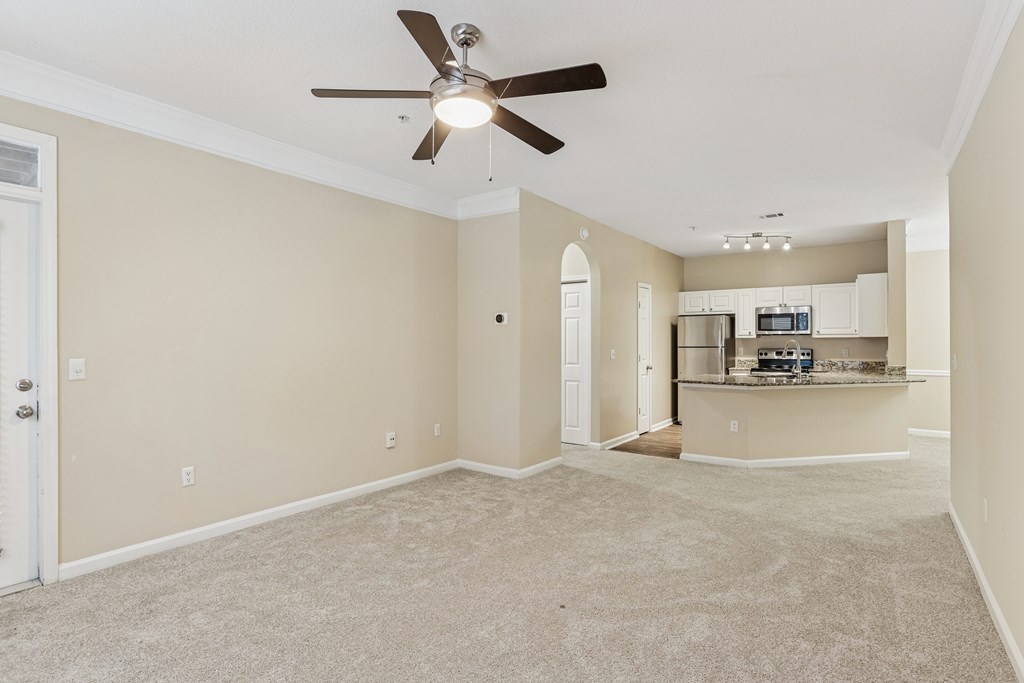 A living room with a couch, a coffee table, and a ceiling fan.