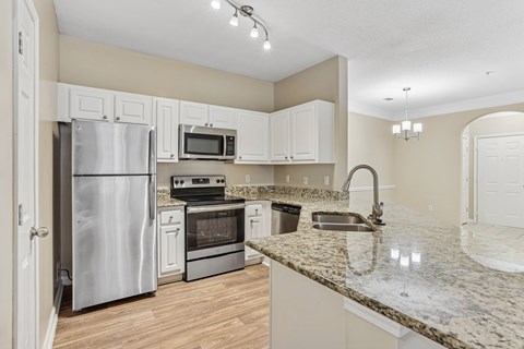 A kitchen with a granite counter top and stainless steel appliances.