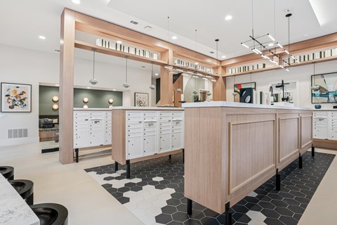 A modern kitchen with a long counter and a black and white floor.