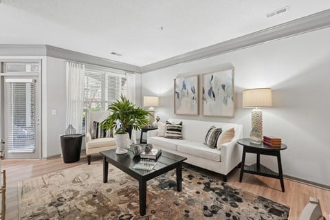 A living room with a white couch, a coffee table, and a rug.