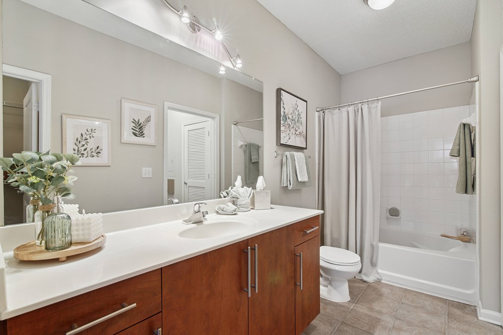 A bathroom with a white countertop and a white sink.