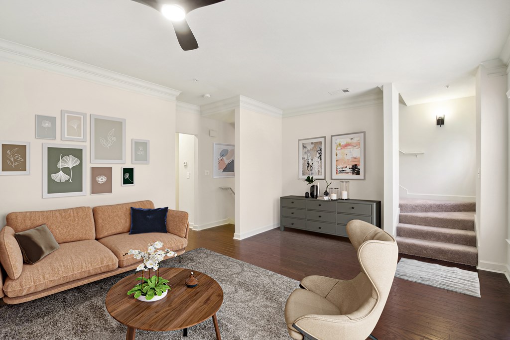 a living room with a couch and a table