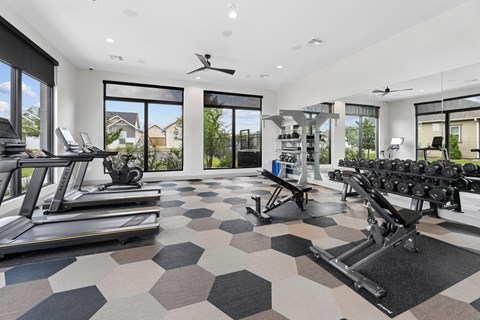 A spacious home gym with treadmills, dumbbells, and a fan.