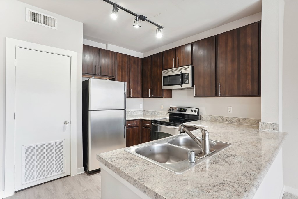 Modern kitchen with stainless steel appliances, wood-style flooring, granite countertops, and espresso custom cabinetry
