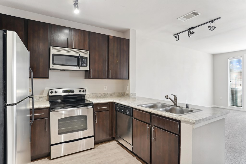 Modern kitchen with stainless steel appliances, wood-style flooring, granite countertops, and espresso custom cabinetry