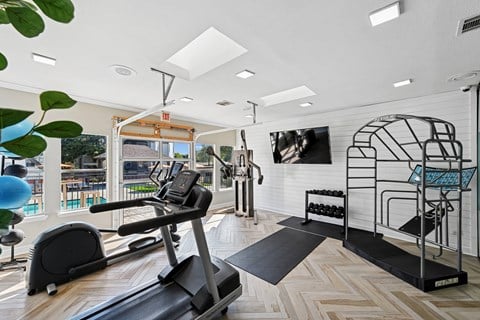 A gym with treadmills, weights, and exercise equipment.