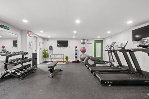 A gym with treadmills, exercise balls, and weights.