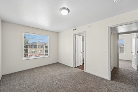 A room with a carpeted floor and a window showing a building outside.