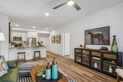 A living room with a green couch and a black and white checkered rug.