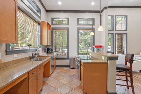 A kitchen with wooden cabinets and a countertop.