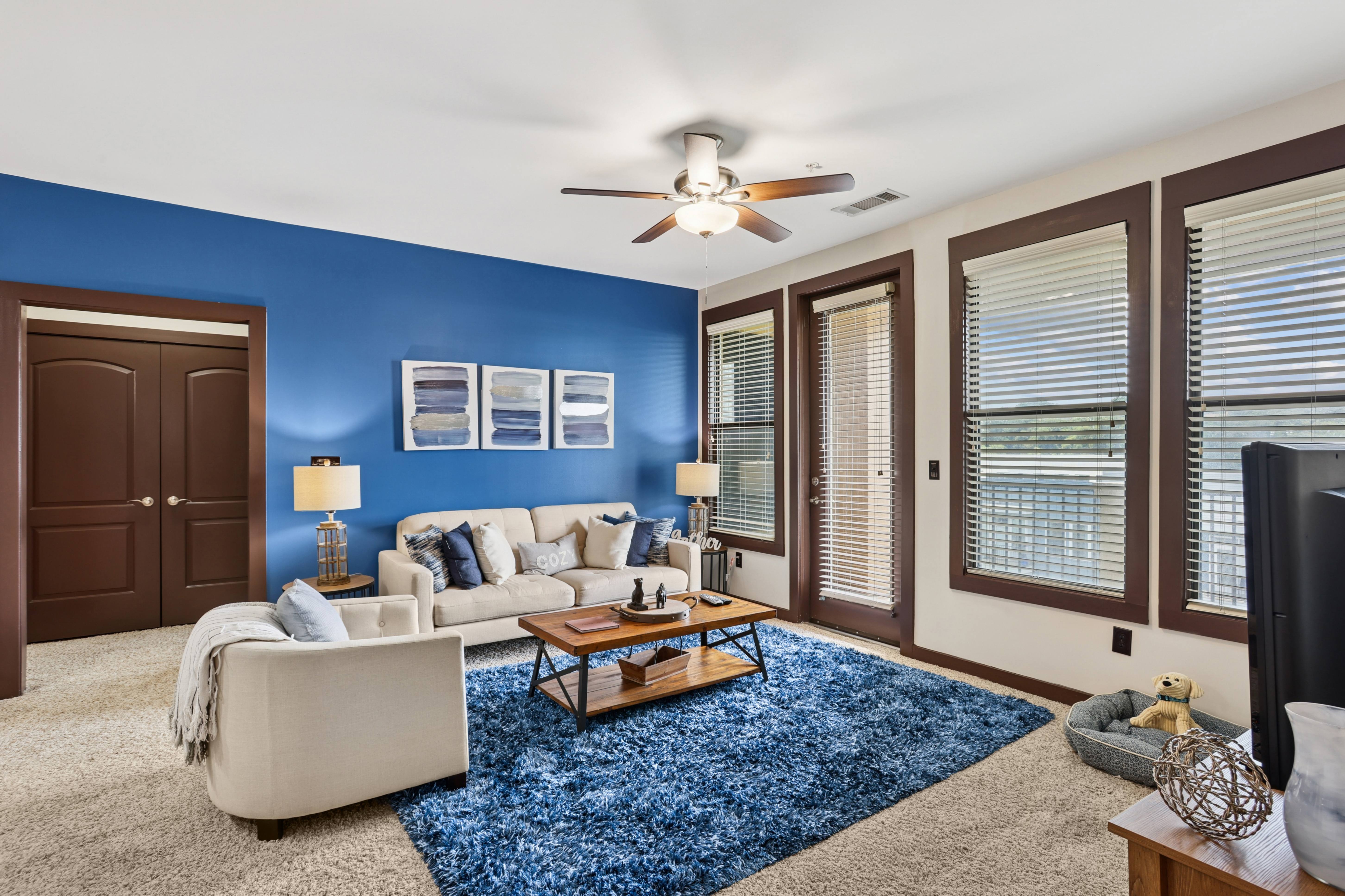 A living room with a white couch and a blue rug.