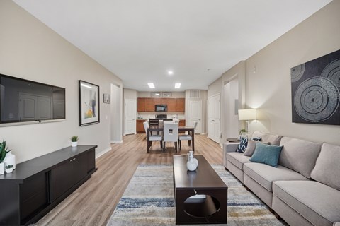 A living room with a couch, coffee table, and television.