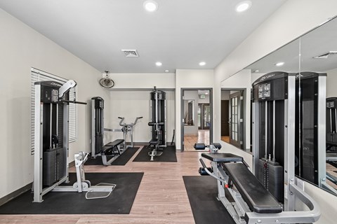 A gym with a variety of equipment including treadmills, weights, and exercise machines.