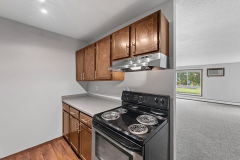A kitchen with a stove and wooden cabinets.