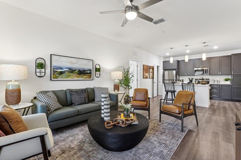 A living room with a grey couch and a black coffee table.