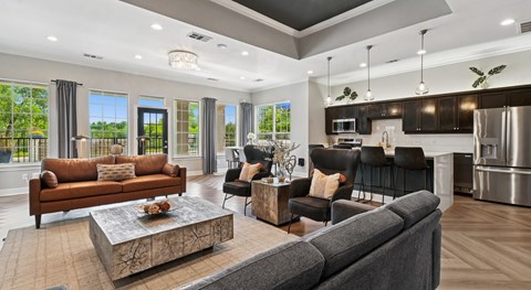 A modern living room with a grey sofa and a coffee table.