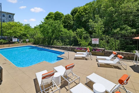 A pool surrounded by trees and chairs.