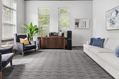 A living room with a grey carpet and a white couch.