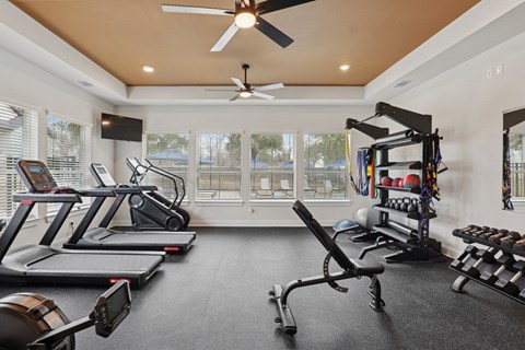 A spacious home gym with treadmills, elliptical machines, and other exercise equipment.