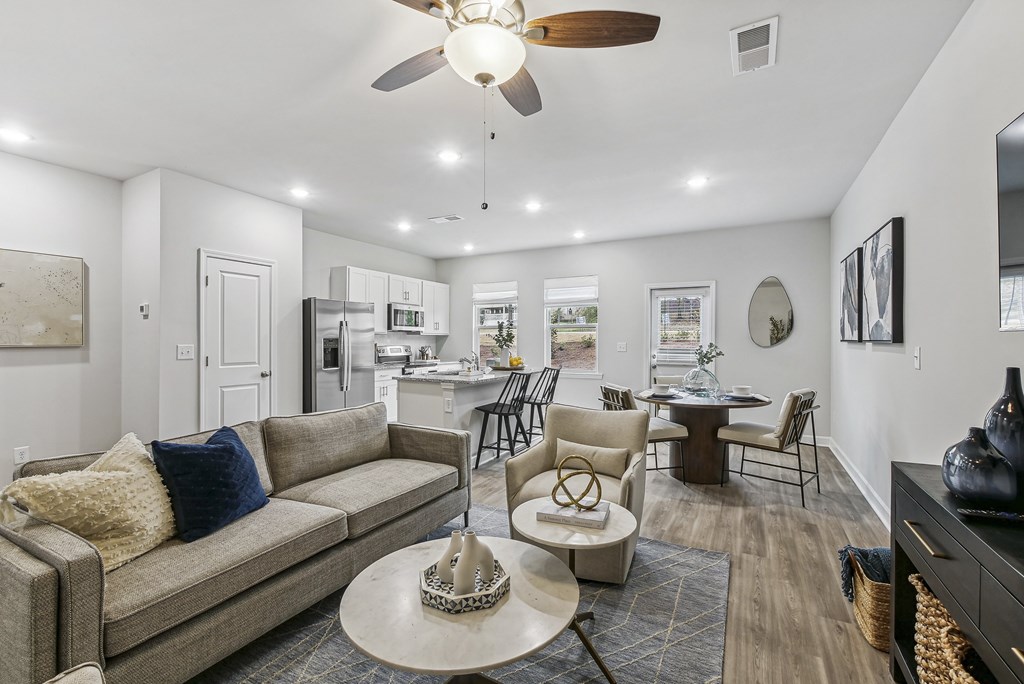 a living room with a couch and a table