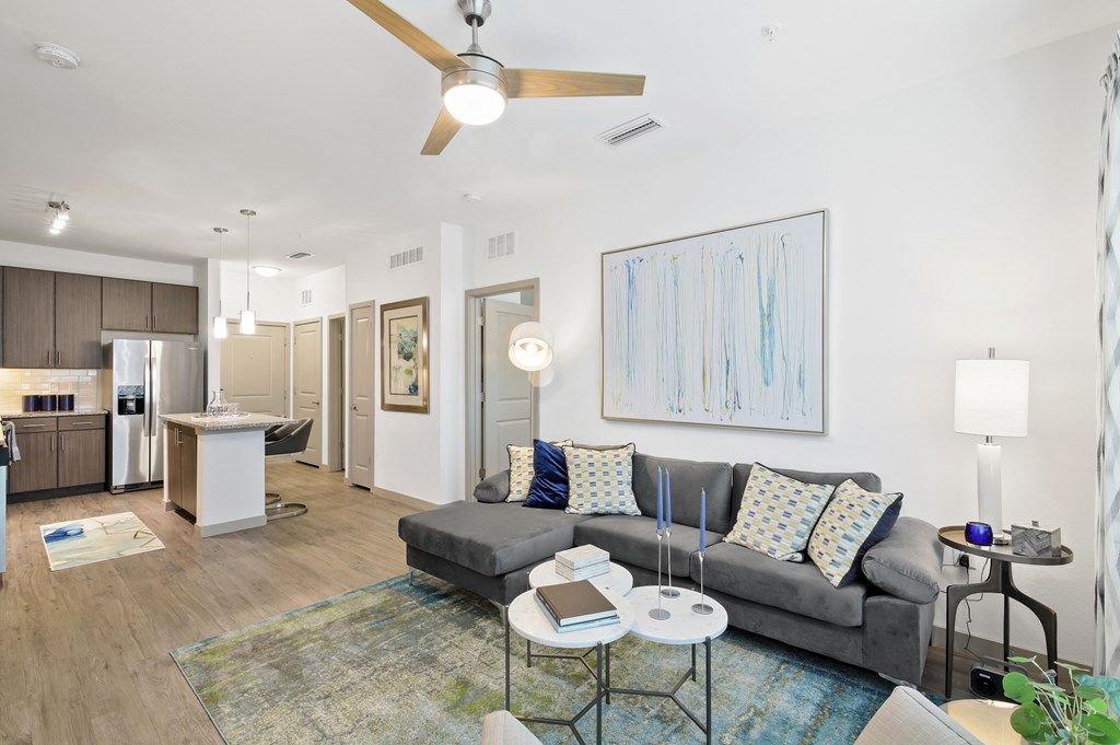 a living room with a couch and a table