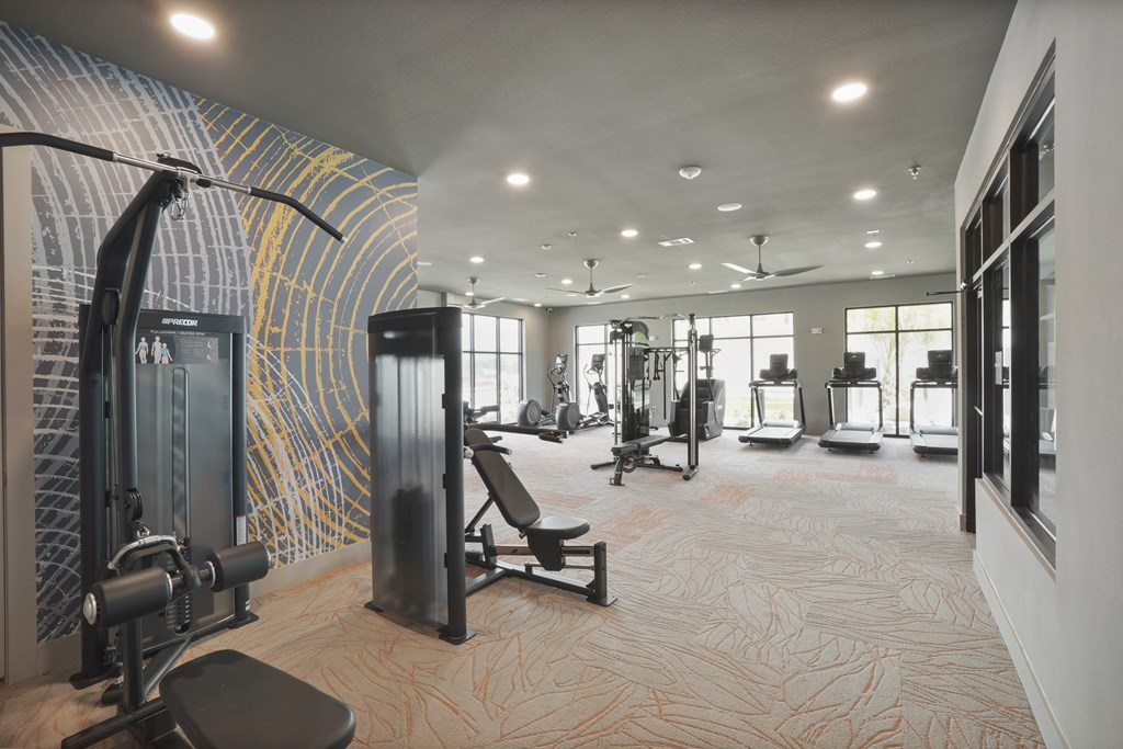 a large fitness room with exercise equipment and a wall with yellow lines on it