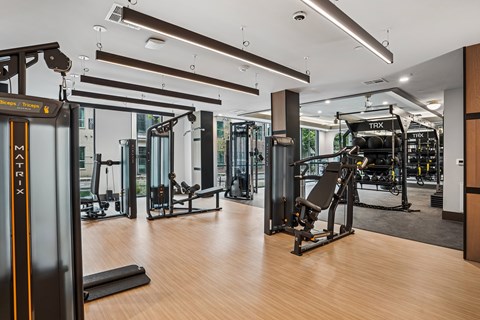 A gym with a variety of equipment including TRX and a treadmill.