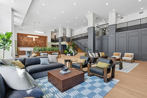 A living room with a blue rug and a wooden coffee table.