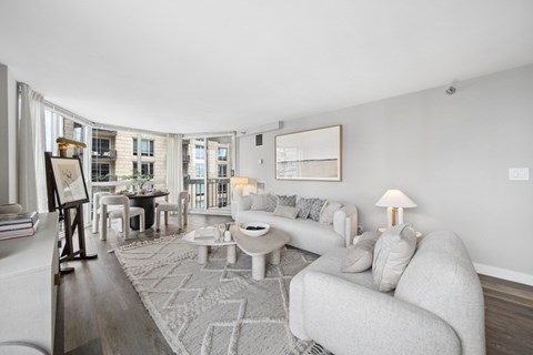 A living room with a grey couch and a rug.