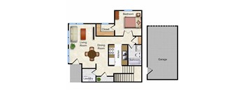 A floor plan of a one bedroom, one bath apartment at Silver Brook.
