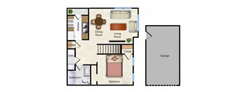 A floor plan of a one bedroom, one bath apartment at Sterling Ridge.