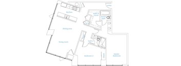 A floor plan of a house with a dining area, living room, kitchen, two bedrooms, a bathroom, and a walk-in closet.