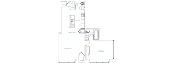 A floor plan of a house with a living room, dining area, kitchen, two bathrooms, and two bedrooms.