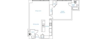 A floor plan of a house with a living room, dining area, kitchen, two bathrooms, a master bedroom, and a closet.