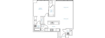 A floor plan of a house with a living room, dining area, kitchen, two bathrooms, a master bedroom and a walk-in closet.