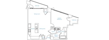 A drawing of a house layout with a living room, dining area, kitchen, two bathrooms, and two closets.