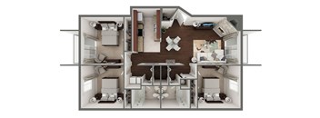 A top down view of a house layout with a kitchen, living room, and two bedrooms.