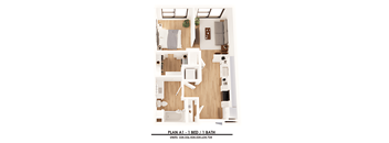 A floor plan of a one bedroom apartment with one bathroom.