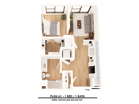 A floor plan of a one bedroom apartment with one bathroom.