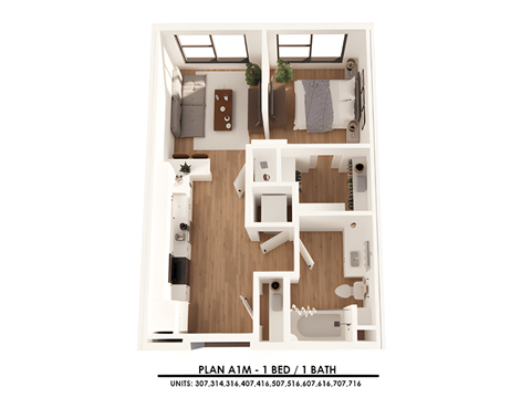 A floor plan of a one bedroom apartment with a bathroom.