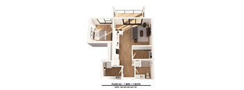 A floor plan of a one bedroom apartment with one bathroom.