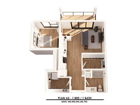 A floor plan of a one bedroom apartment with one bathroom.