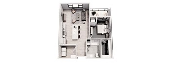 A black and white image of a floor plan of a small apartment.